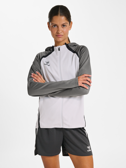 hmlLEAD 2.0 ZIP HOODIE WOMAN, WHITE/STEEL GRAY, model