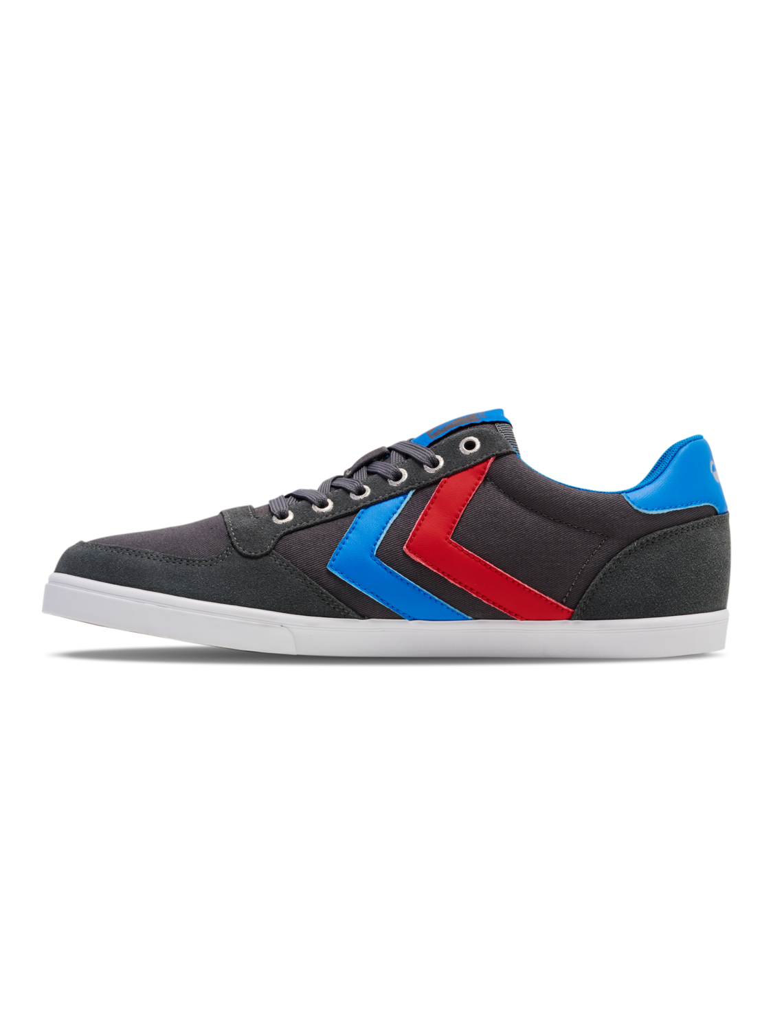HUMMEL SLIMMER STADIL LOW, CASTLEROCK/RIBBONRED/BRIL BLUE, packshot