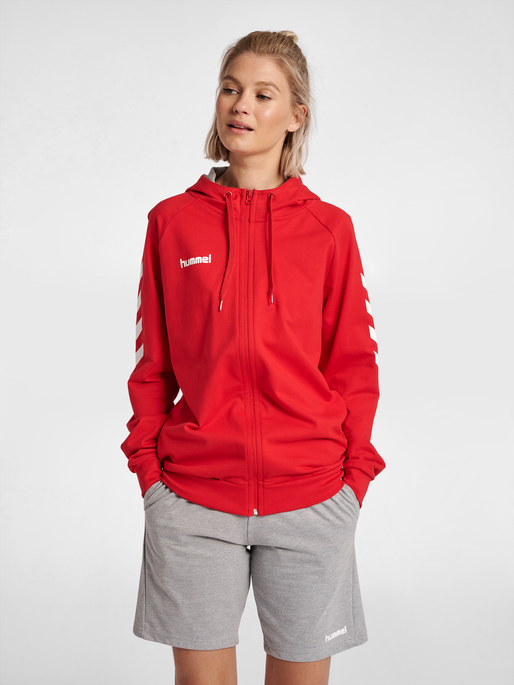 HMLGO COTTON ZIP HOODIE WOMAN, TRUE RED, model