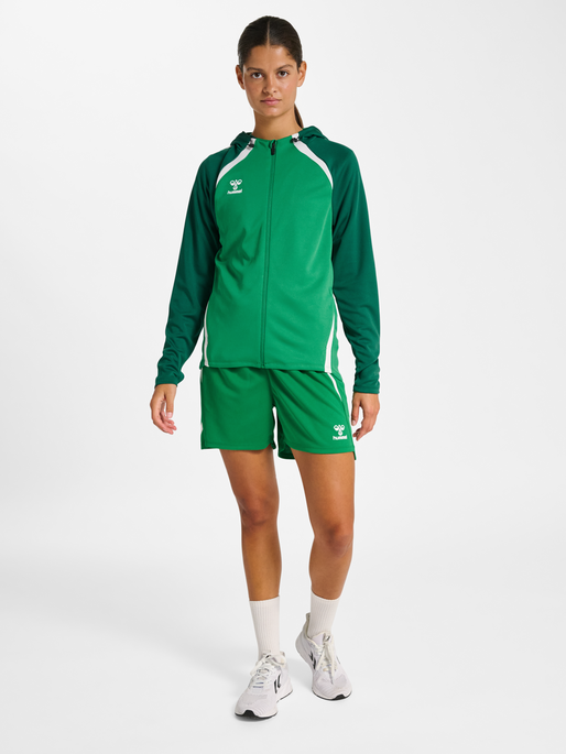 hmlLEAD 2.0 ZIP HOODIE WOMAN, JELLY BEAN/EVERGREEN, model