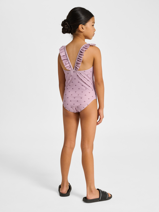 hmlJR BEE AOP FRILL SWIMSUIT, MAUVE SHADOW, model
